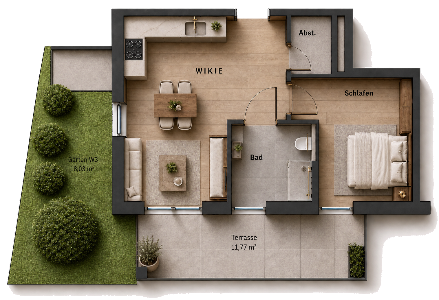 3D-Grundriss einer 2-Zimmer-Gartenwohnung